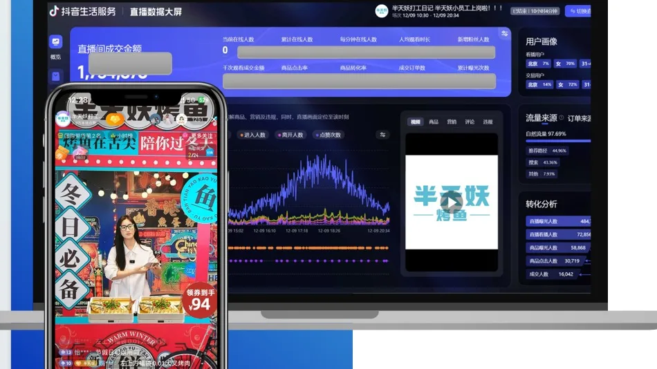 Bantianyao live-commerce operations shown on a dashboard and mobile live room
