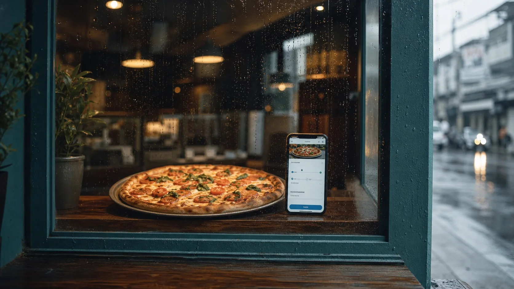An unbranded pizza and mobile ordering scene viewed through a rain-covered storefront window